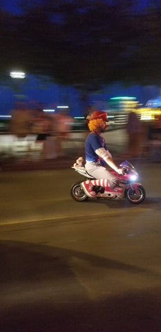 shriner clown on mini motorcycle mini bike fast zoom bike