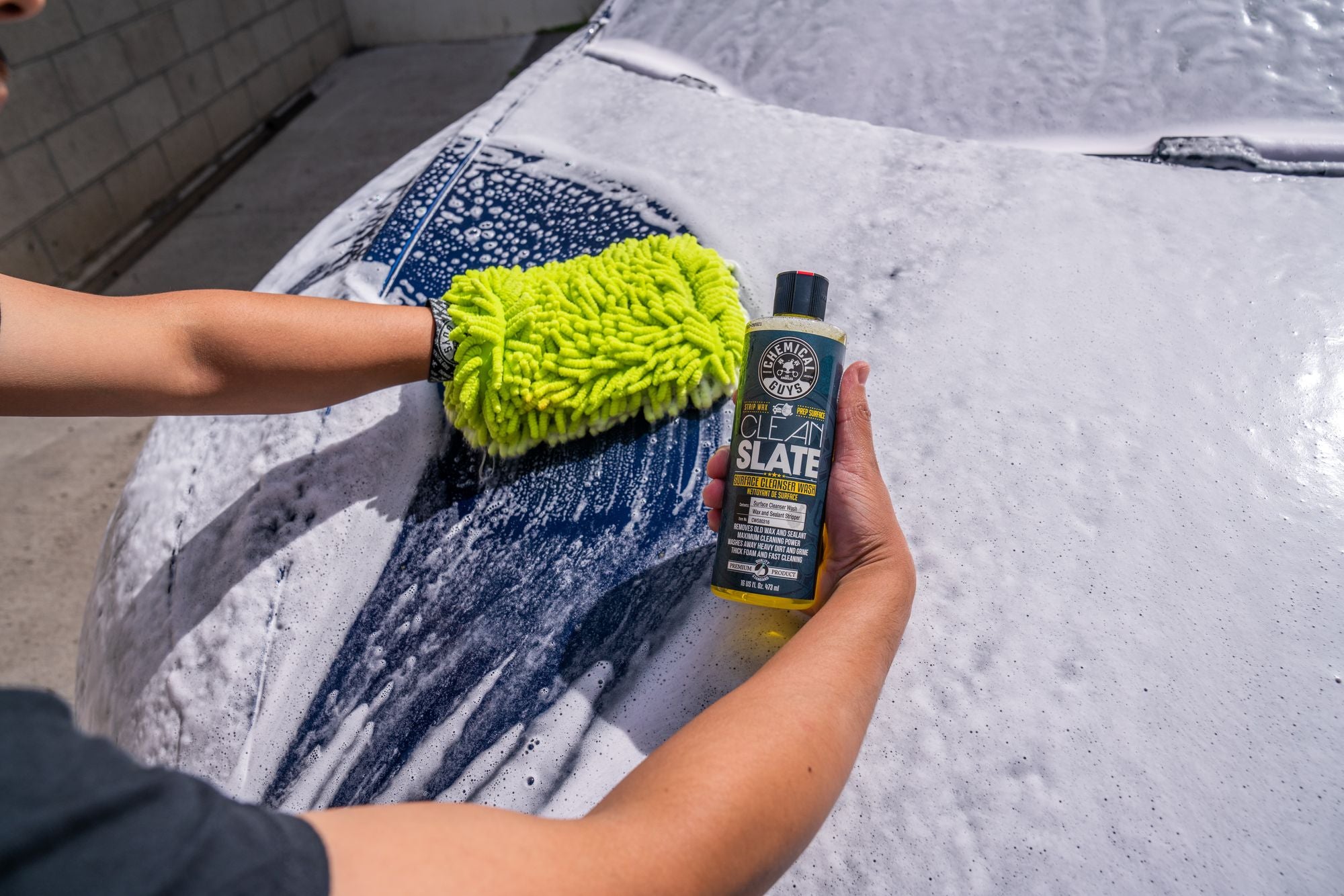 Washing a car with Clean Slate Wax Stripping Wash and a Chenille Microfiber Wash Mitt