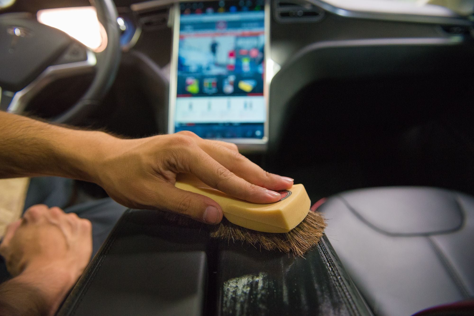 Cleaning vegan leather interior using the Long Bristle Horse Hair Brush