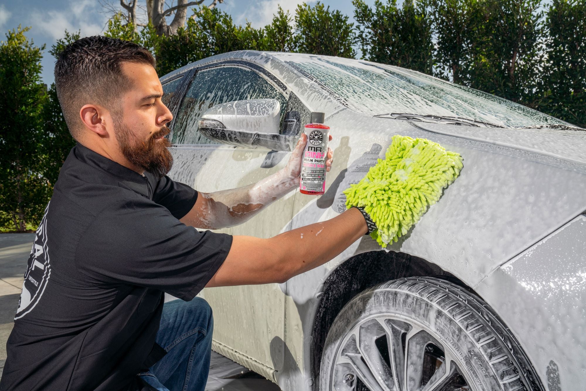 Washing a car with Mr. Pink Foam Party and the Chenille Car Wash Mitt