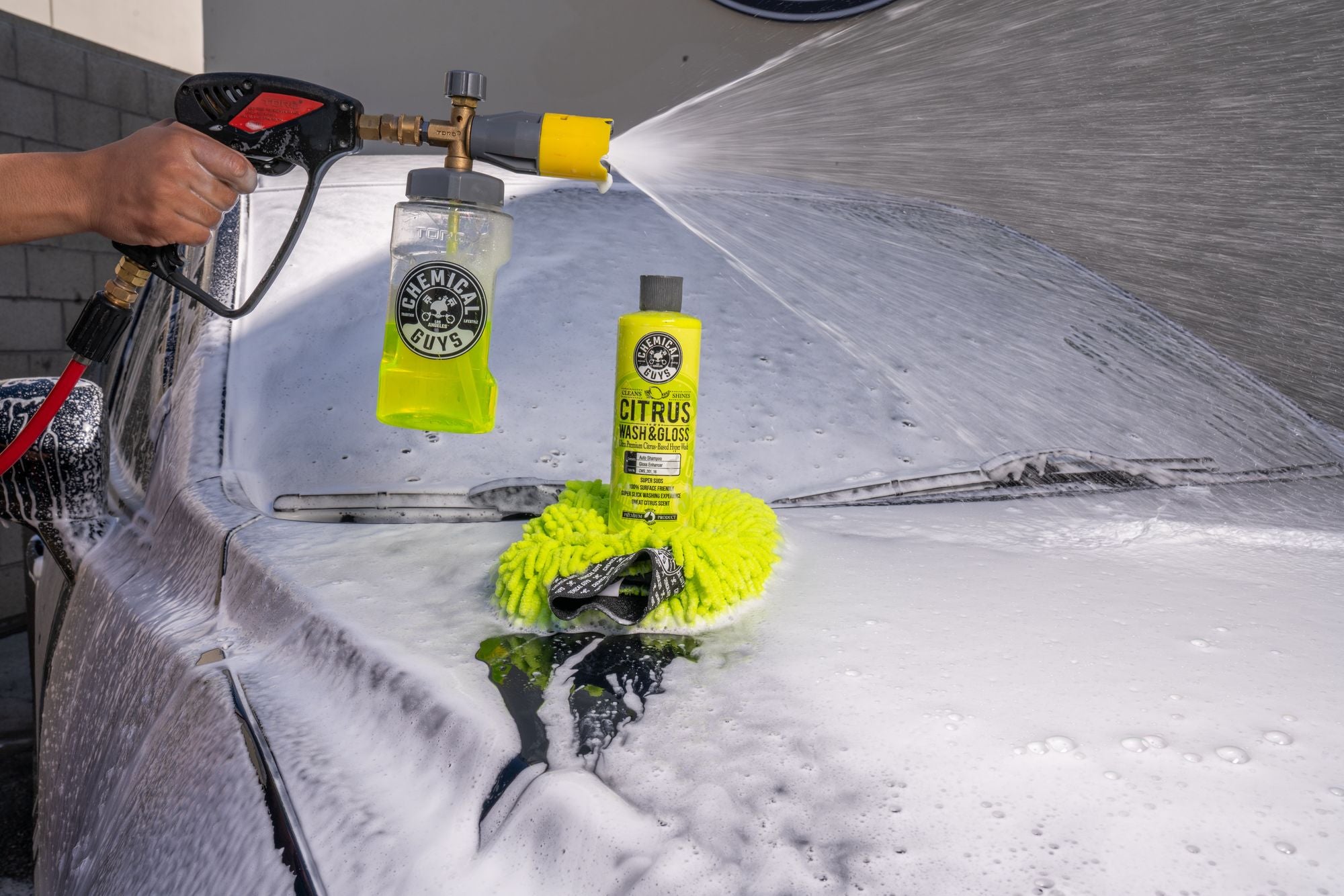 Washing a car with Citrus Wash & Gloss, a Big Mouth Foam Cannon, and a Chenille Microfiber Wash Mitt