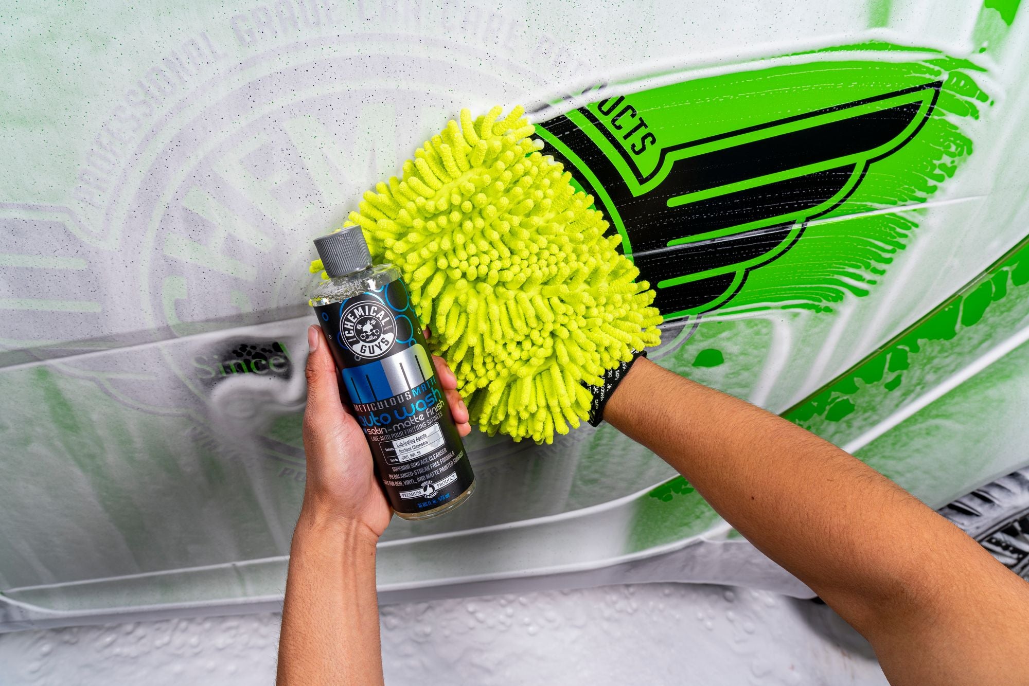 Washing a car with Meticulous Matte Auto Wash and a microfiber wash mitt