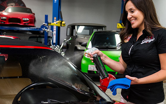 Spraying Glass Cleaner on a Car Window