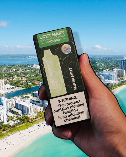 Holding Lost Mary Miami Mint in the hand on the Miami Beach background