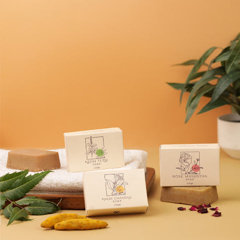 Mock up of neem tulsi, haldi chandan, and rose manjistha soap