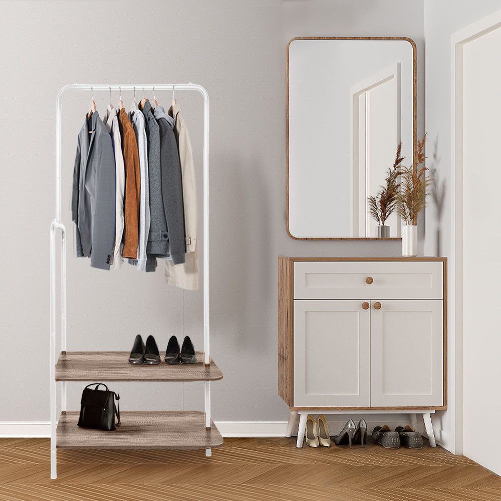 Stylish White Clothing Rack with 2 Light Walnut Brown Finish Wood Shelves - The Urban Mill product image