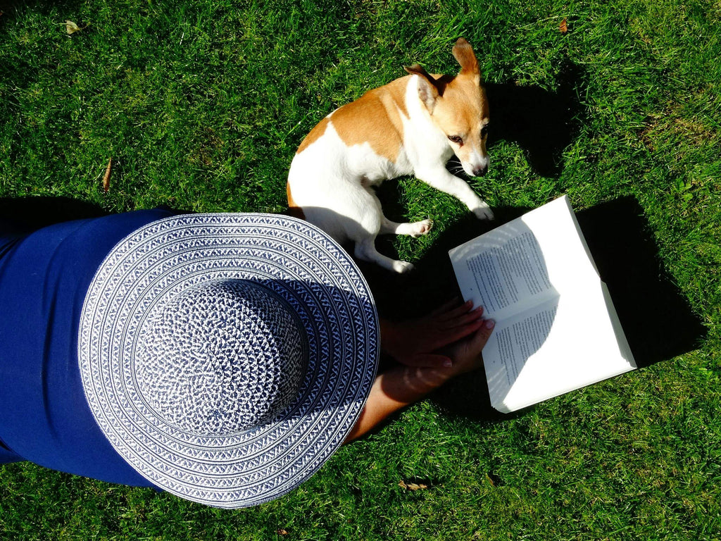 Woman wearing heat reads book in grass with her dog laying nearby