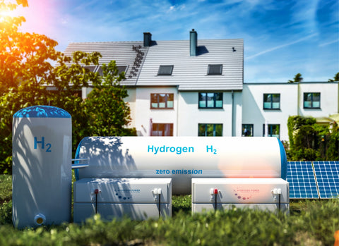 Hydrogen Home. House with Hydrogen tanks outside.