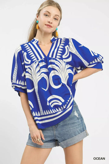 Art dropshipping product: Umgee Folk Art Palm Print Puff Sleeve Blouse
