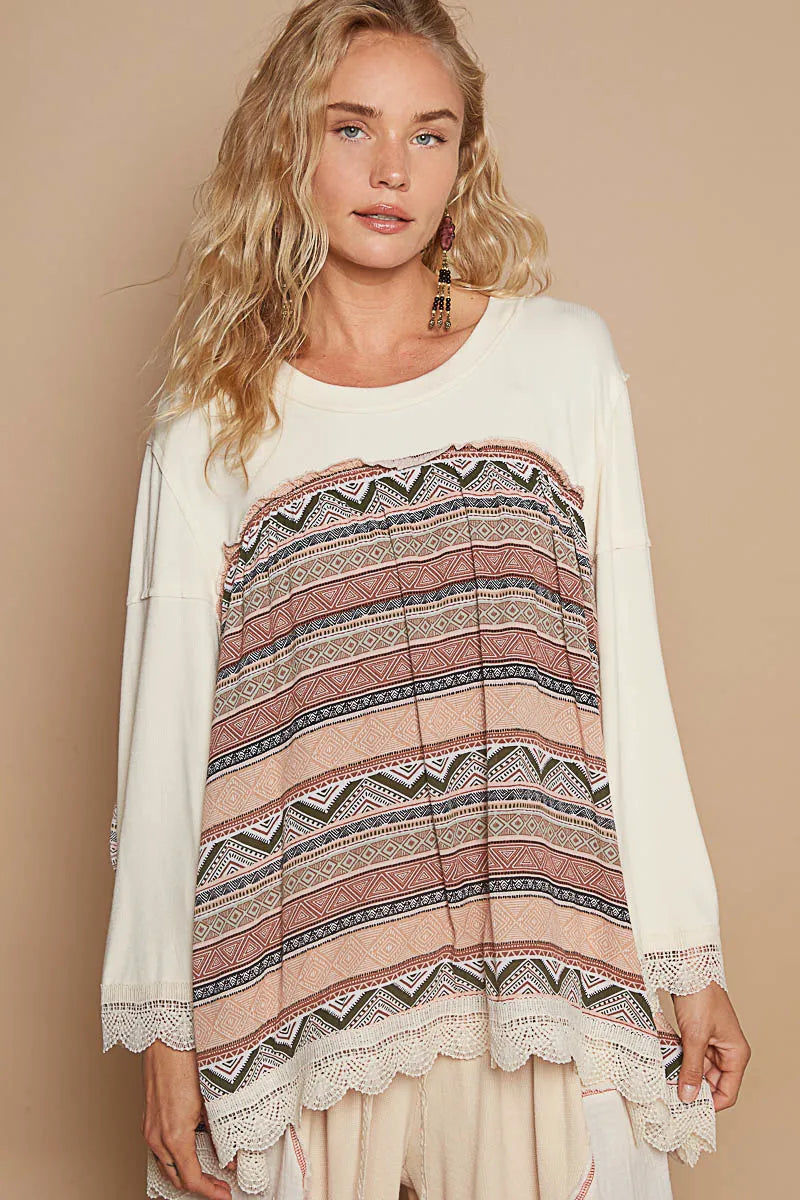 POL Bohemian Geometric Print Long Sleeve Top with Lace Trim