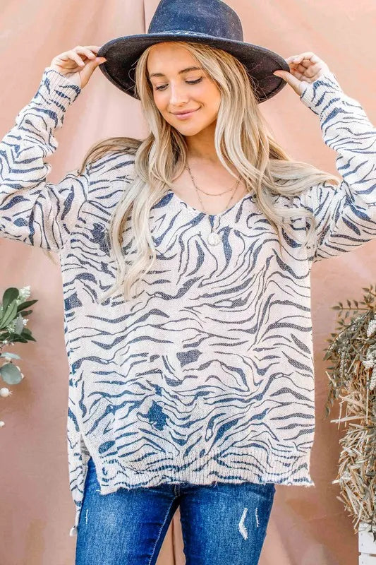 And The Why Zebra Screen Print Pullover Knit Top