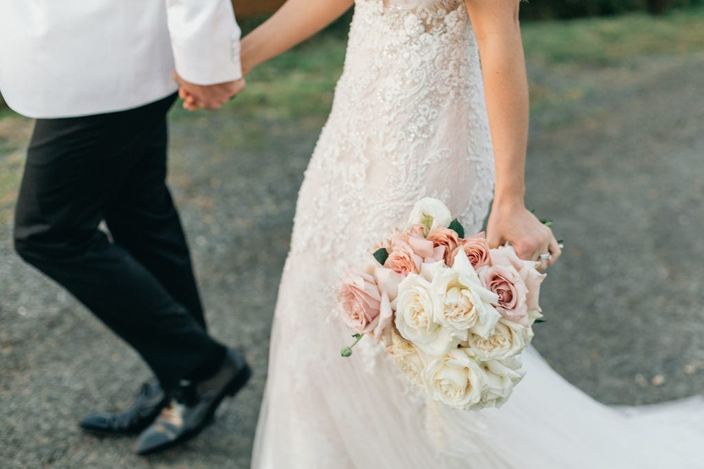 beaded wedding dress and flowers