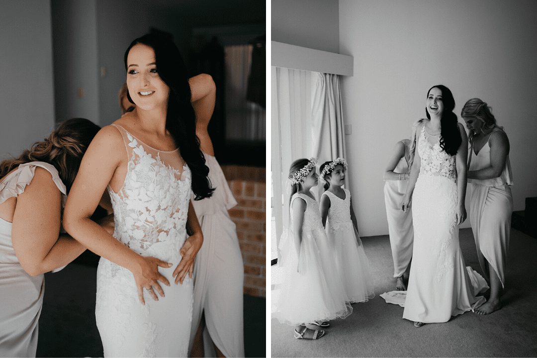 Cassie getting dressed in her Enzoani gown