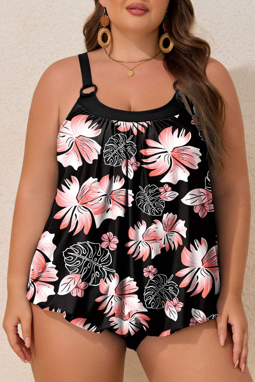 Plus Size Floral Wide Strap Tankini Set