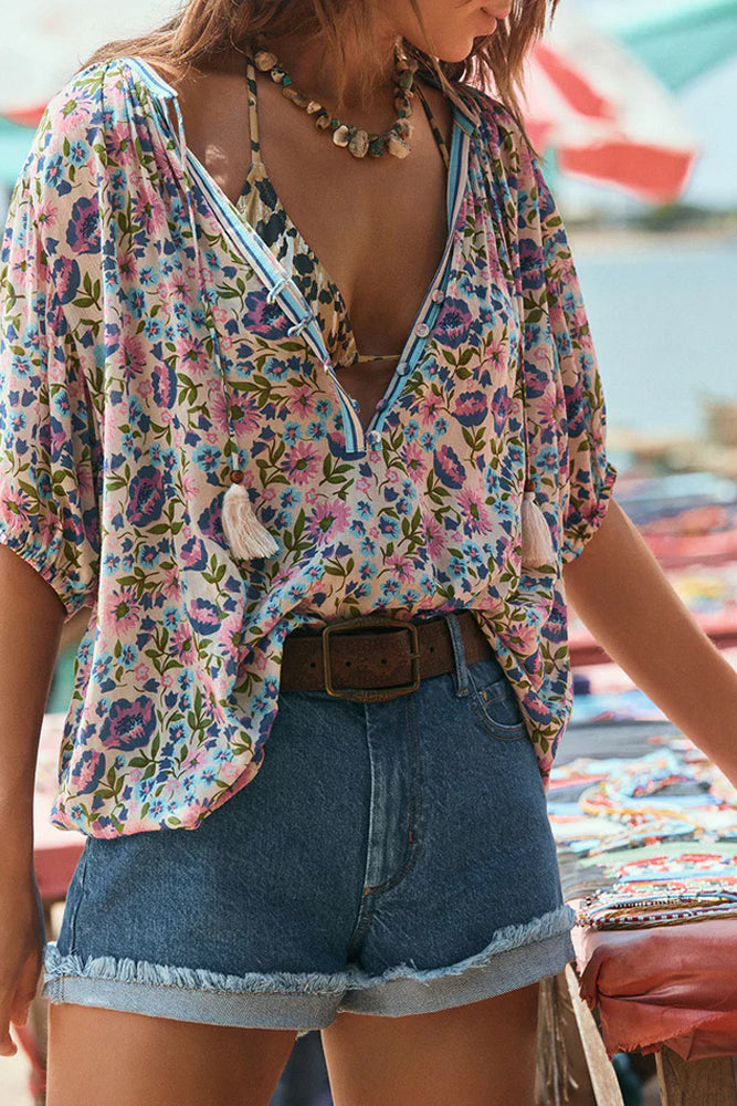 Floral Boho Short Sleeve Blouse