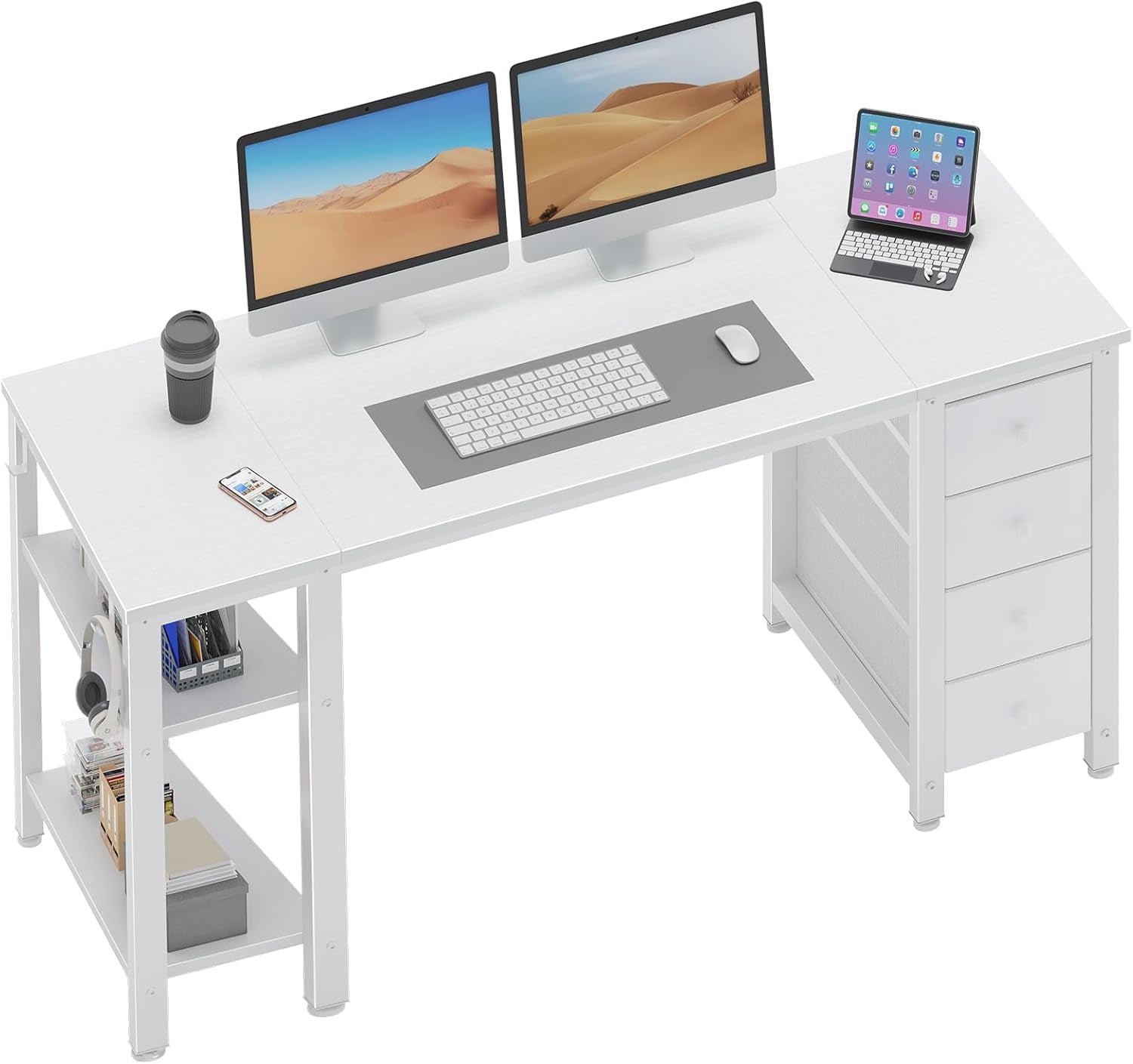 White Computer Desk with Fabric Drawers & Storage Shelves, 55 Inch Study Work Writing Desk for Home Office Bedroom, Simple Modern Cute PC Desks Table, White