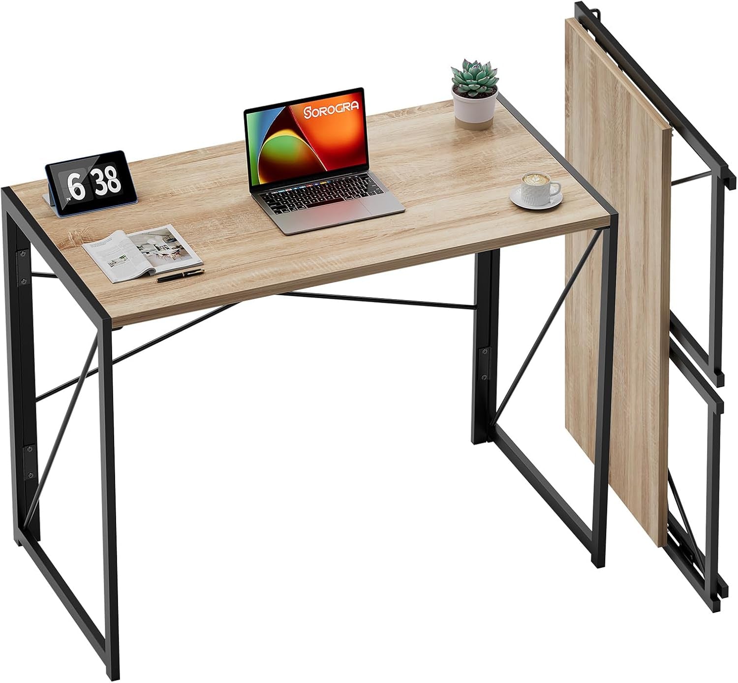 Small Folding Desk 31.5 Inch No Assembly Required Computer Desks, Spaces Saving Foldable Table for Bedroom, Home Office, Dorm, Apartment, Kids, Beech