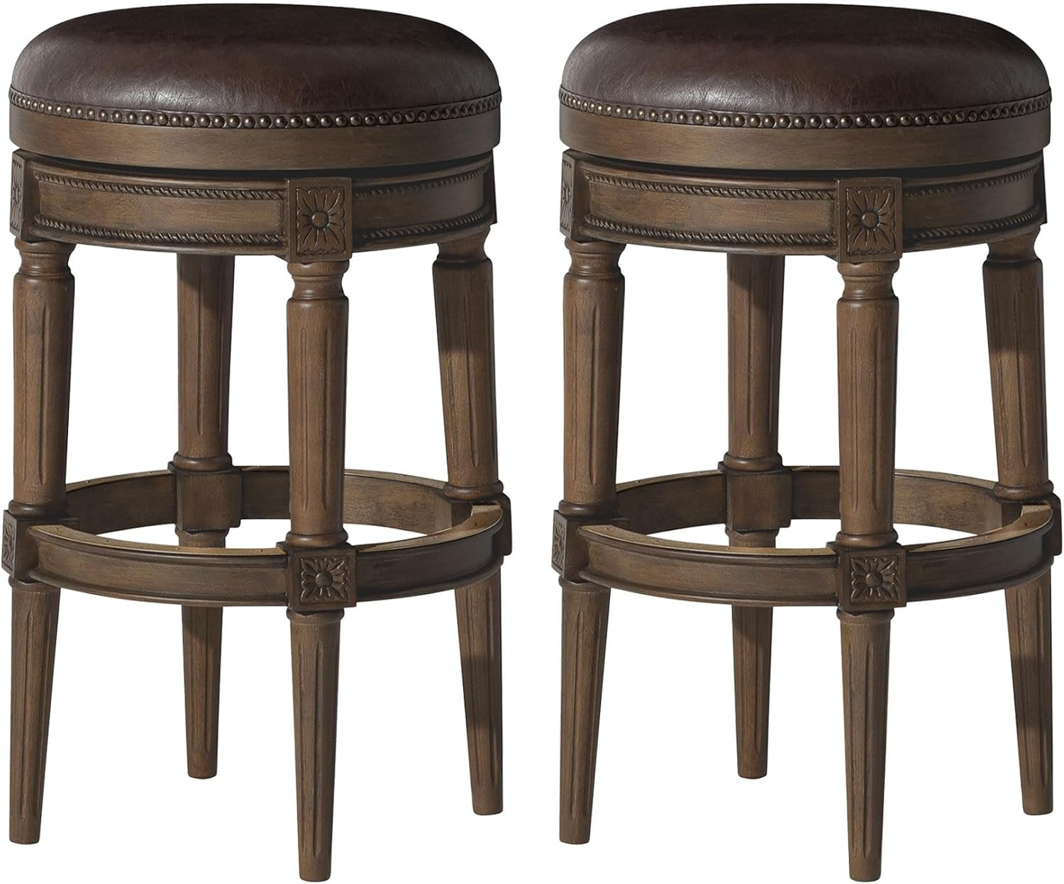 Pullman 31 Inch Tall Bar Height Upholstered Backless Barstool in Walnut Finish with Marksman Saddle Vegan Leather Cushion Seat, Set of 2