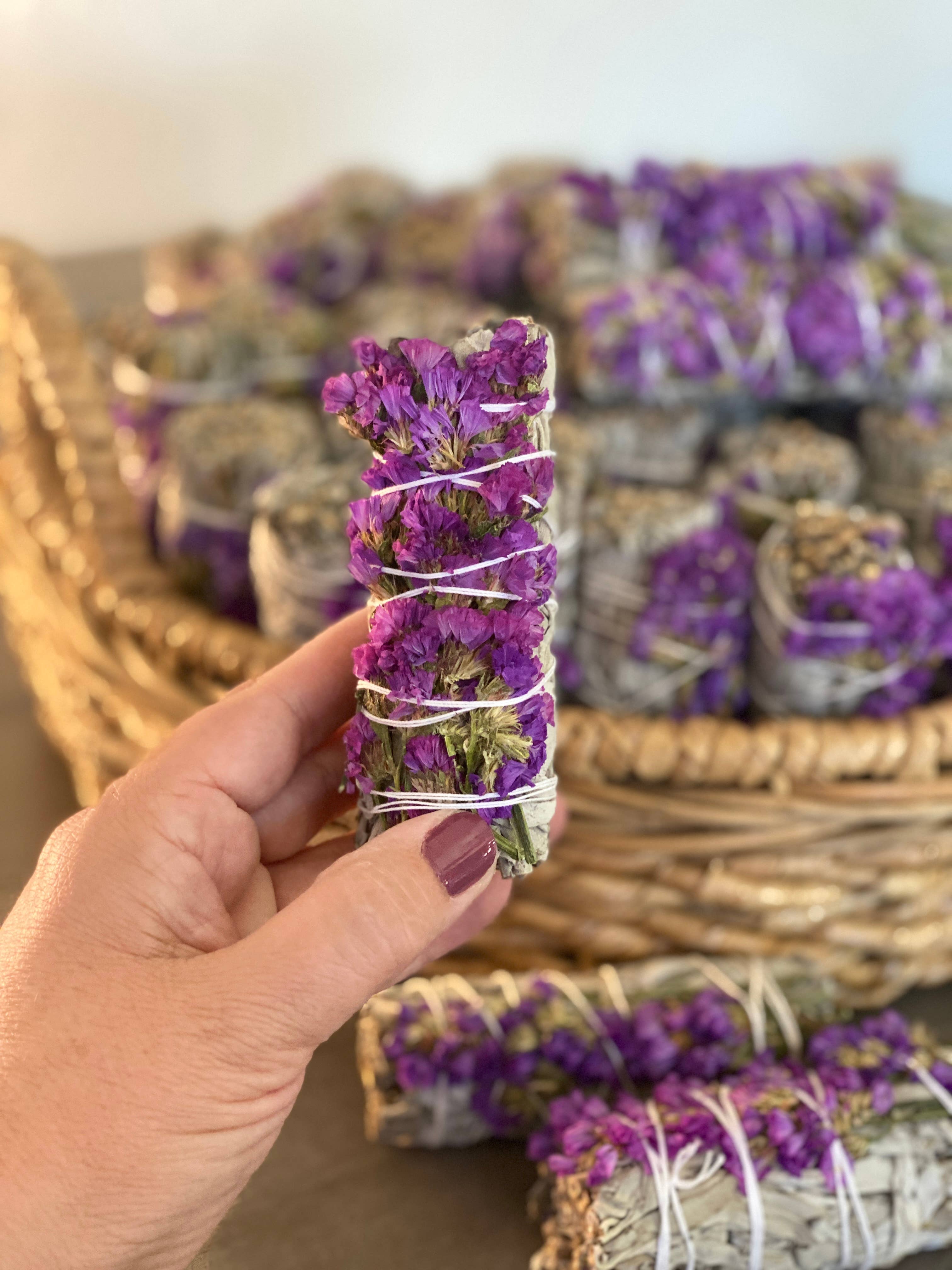 White Sage Smudge Stick with Purple Flowers