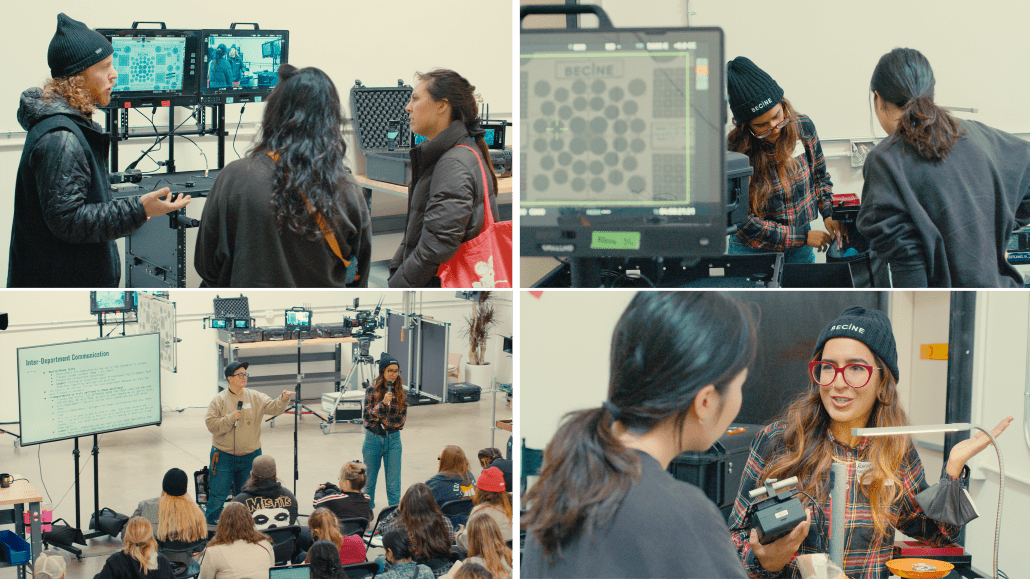 A set of four images which depict various people interacting with production gear. In one image, a man is shown demonstrating the functions of an INOVATIV Deploy. In another, two women discuss power management. In one, a group of event attendees are sitting; listing intently to the presenter.