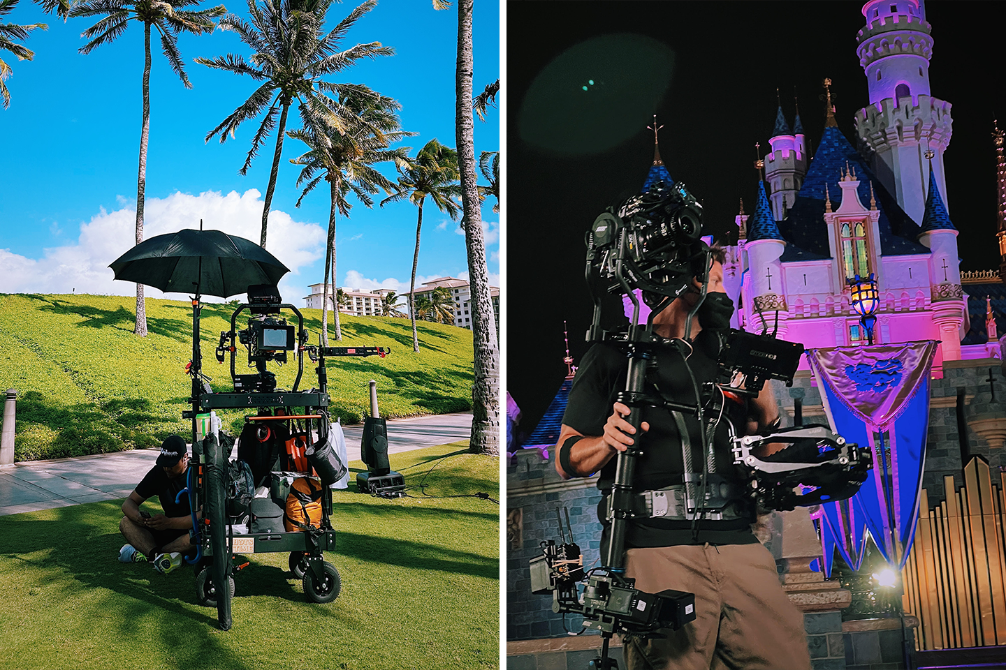 A person taking a break beneath an umbrella attached to an INOVATIV Voyager EVO X and Greg operating a stabilizer.