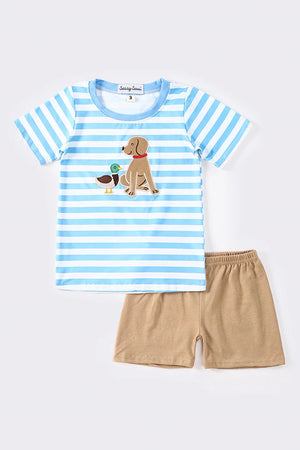 Blue Stripe Puppy Duck Applique Boy Set - R&R Palmetto Sales LLC