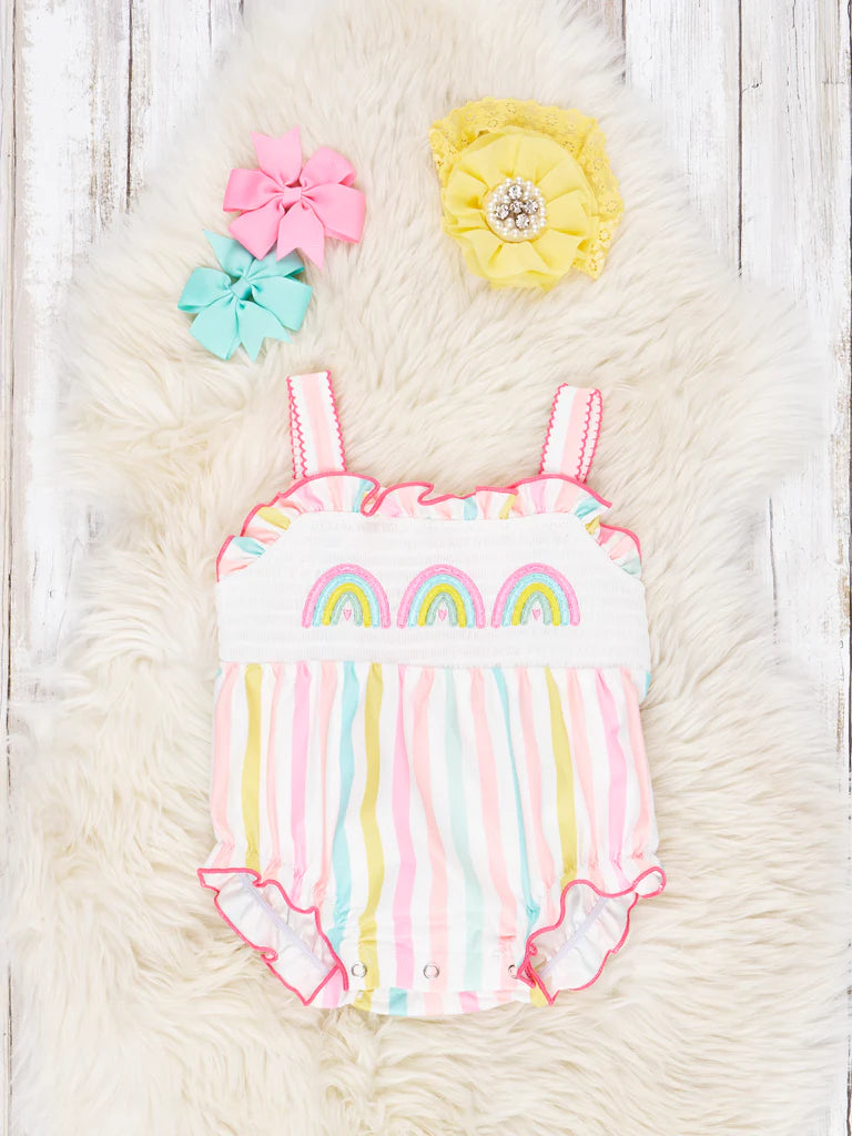 Smocked Striped Rainbow Tank Romper
