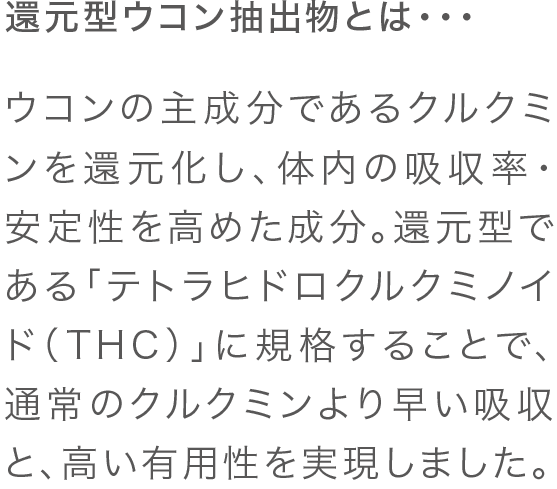 還元型ウコン抽出物とは・・・  ウコンの主成分であるクルクミンを還元化し、体内の吸収率・安定性を高めた成分。還元型である「テトラヒドロクルクミノイド（THC）」に規格することで、通常のクルクミンより早い吸収と、高い有用性を実現しました。