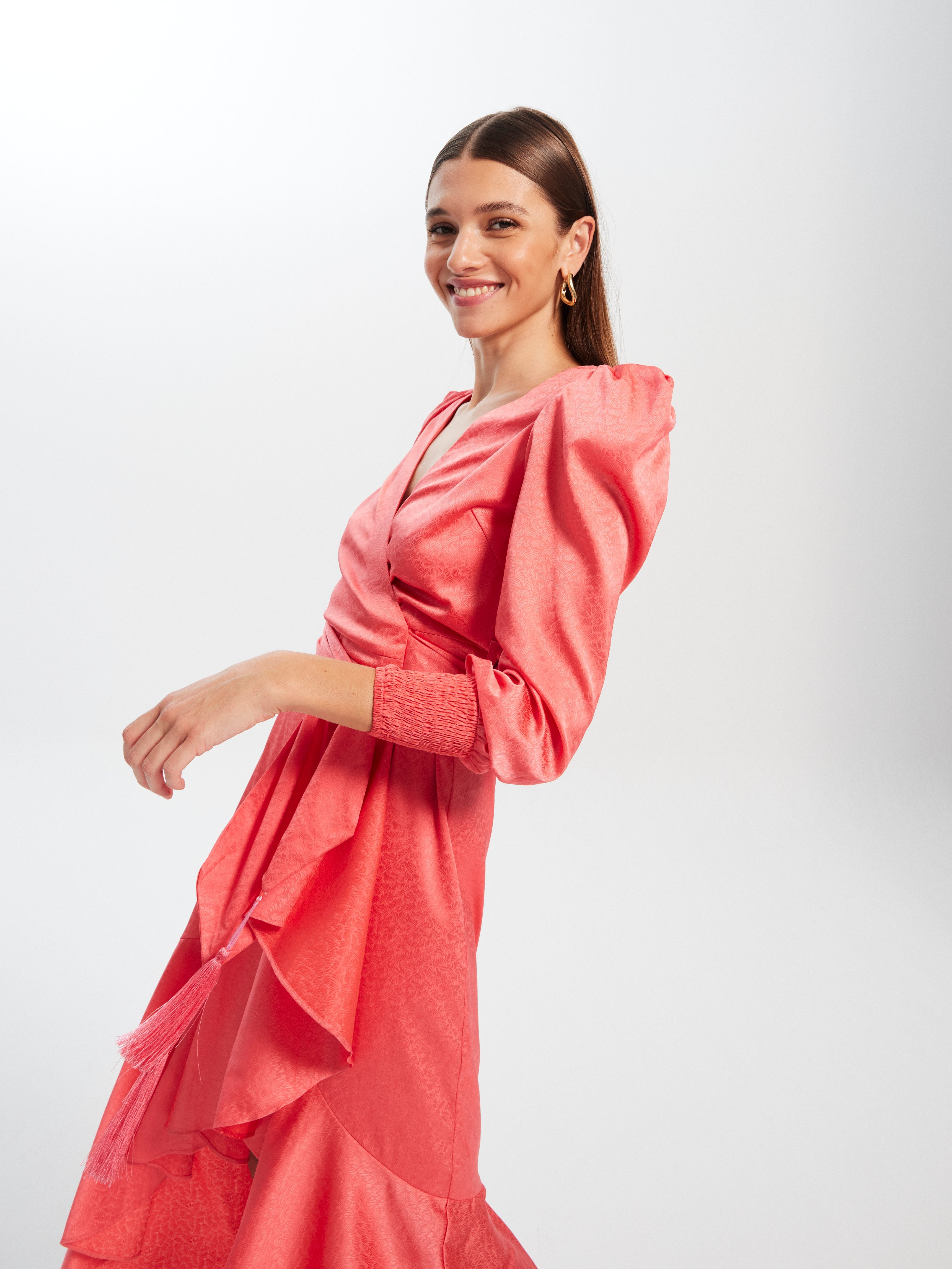 mioh | CARMELA - Wrap midi wedding guest dress, party and event – MIOH