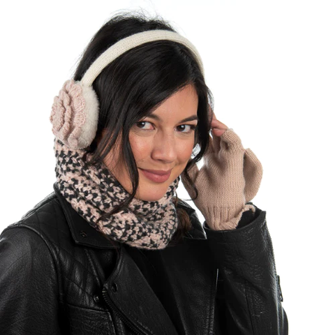 A woman wearing camellia earmuffs for stylish look