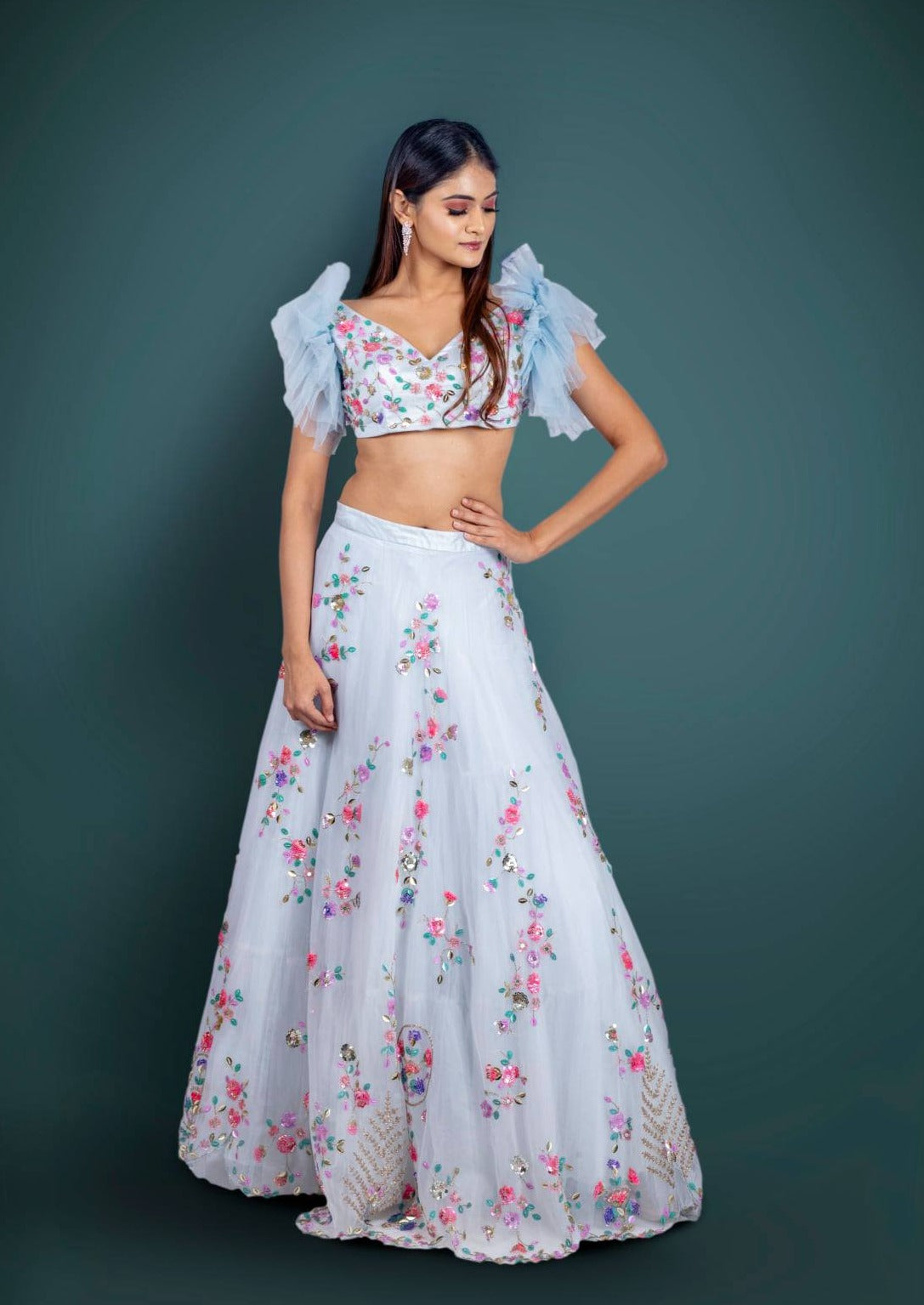 Cream Georgette Crop Top Lehenga with Jacket