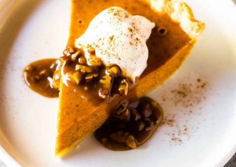 Pumpkin Pie with Caramel Pecan Topping -  Hygge Inspired Thanksgiving Meal