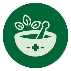 Icon of a mortar and pestle with leaves, indicating herbal medicine or natural remedies.