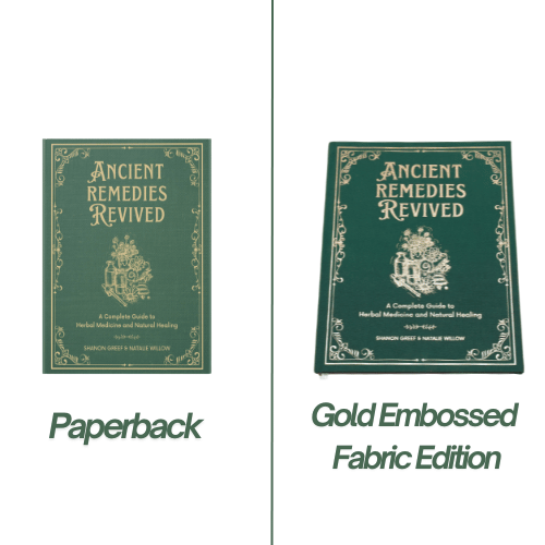 Two editions of 'Ancient Remedies Revived' book: Paperback and Gold Embossed Fabric Edition.