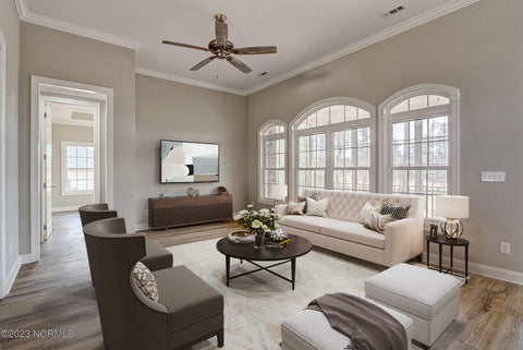 A high-end and neutral virtually staged living room