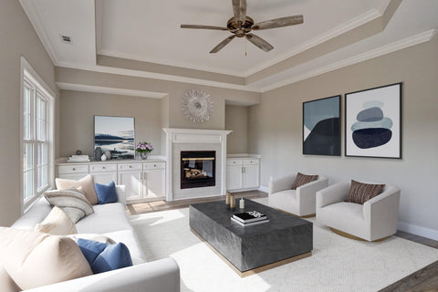 A neutral, high-end virtually staged living room