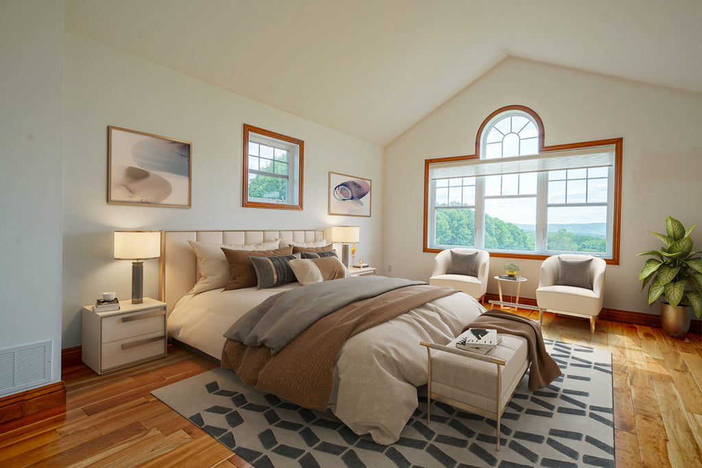 Virtual staging in a primary bedroom in an older home listed for sale