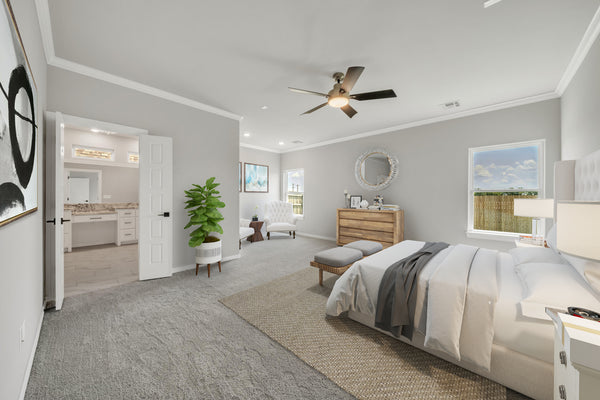 alternate view of a high-end virtually staged master bedroom in a new construction home