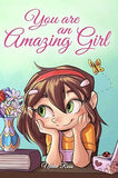 Book cover with little girl in yellow shirt with her head in her hands smiling.