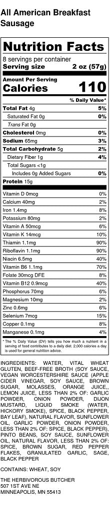 Nutrition Information for vegan all american breakfast sausage