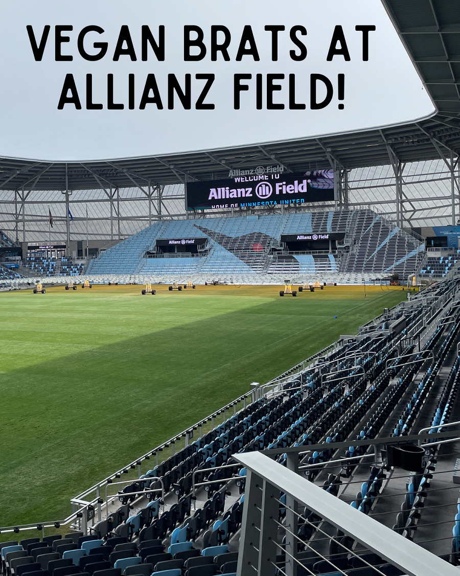 a picture showing about half the stadium at Allianz Field overlaid with the words "vegan brats at Allianz Field"