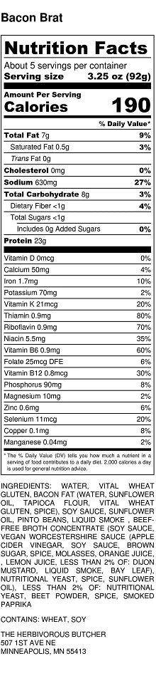 Nutrition Information for vegan bacon brats