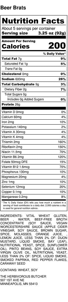 Ingredient and nutritional fact label for vegan beer brats