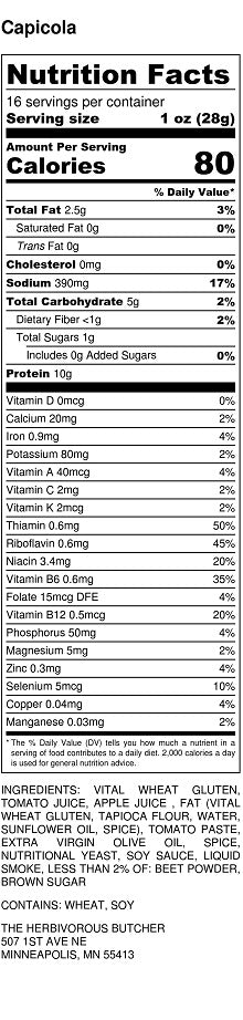 Nutritional Information for vegan capicola ham