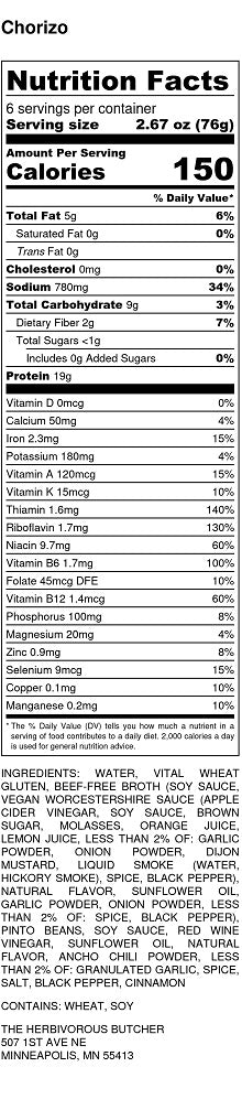 nutritional label for vegan chorizo