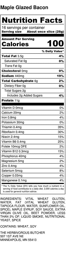 nutrition information for vegan maple bacon