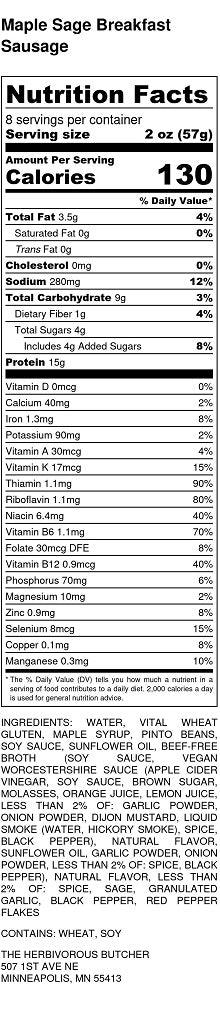 nutrition information for vegan maple sage breakfast sausage