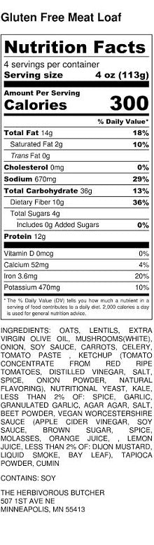 nutritional label for vegan meatloaf
