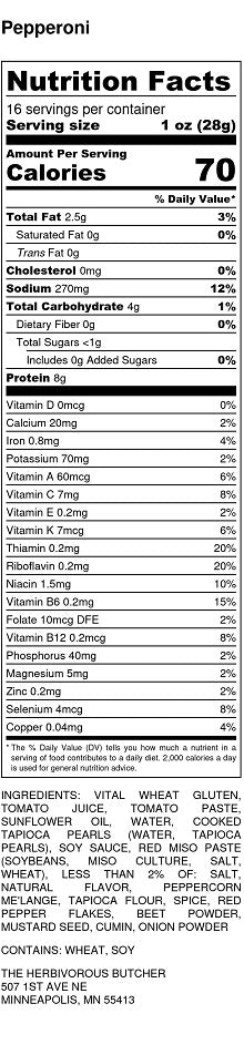 Nutritional Information for vegan pepperoni
