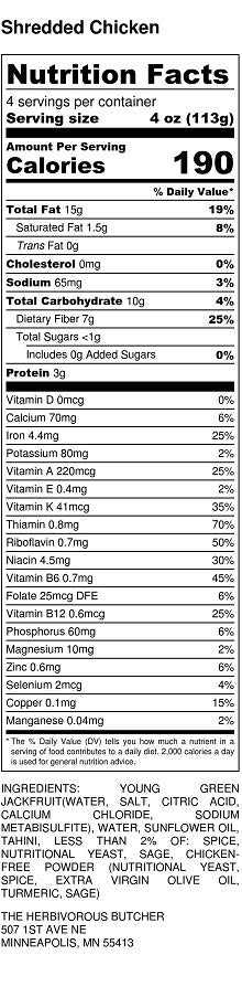 nutritional label for vegan shredded chicken